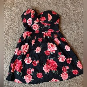 Strapless Pink and Black Floral Dress